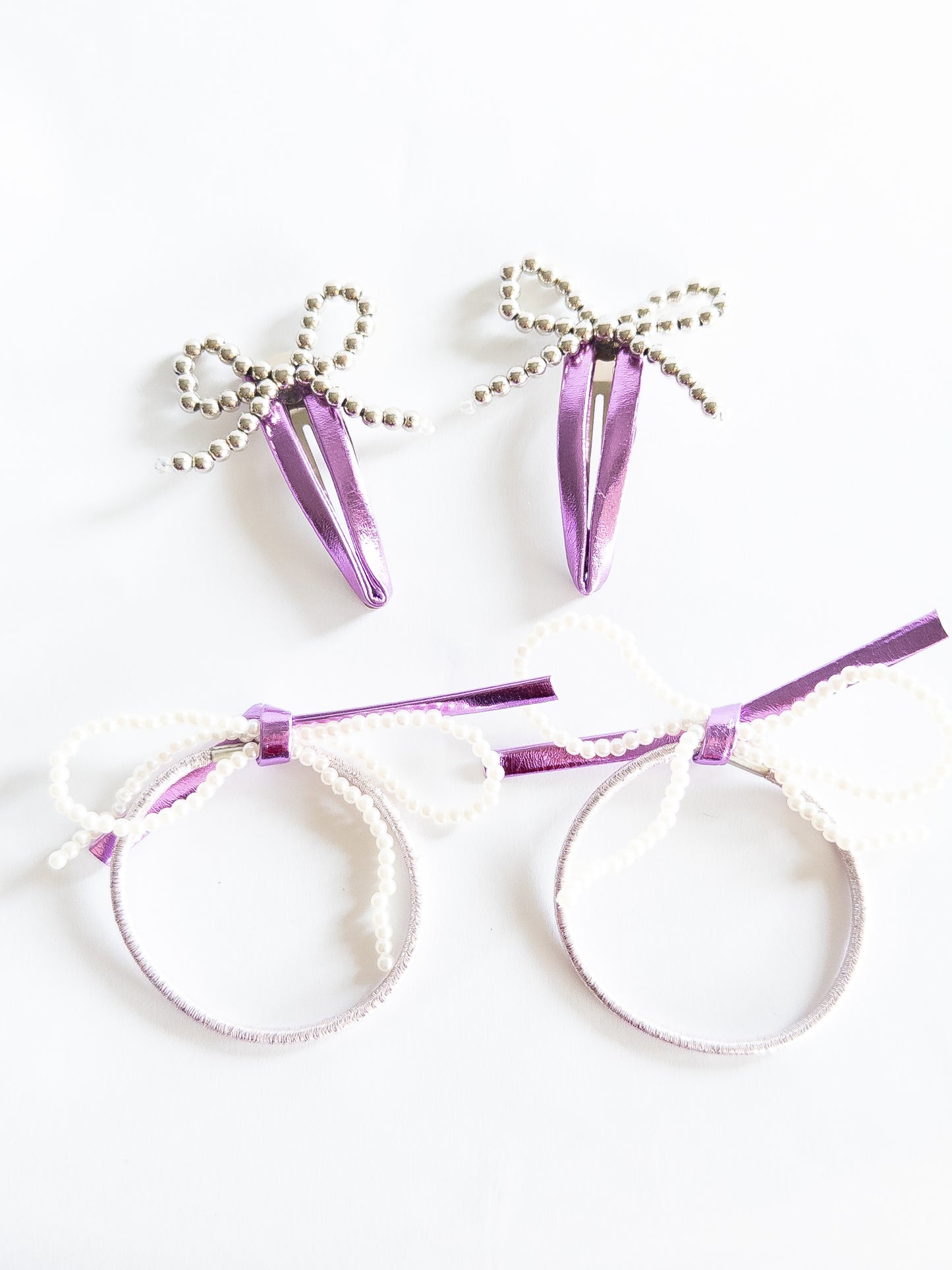 Metallic and Pearl Beaded Bow Hair Clip and Ties Set
