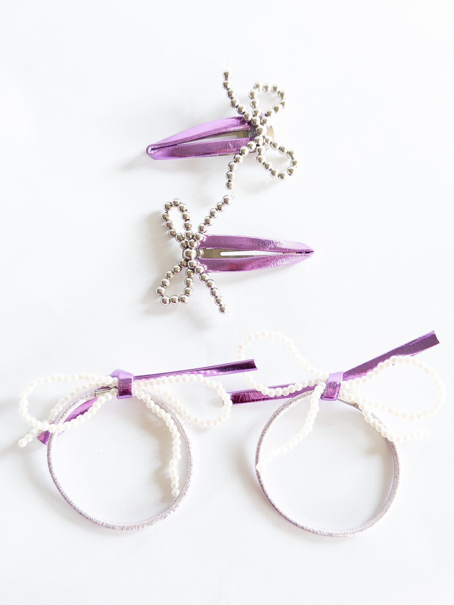 Metallic and Pearl Beaded Bow Hair Clip and Ties Set