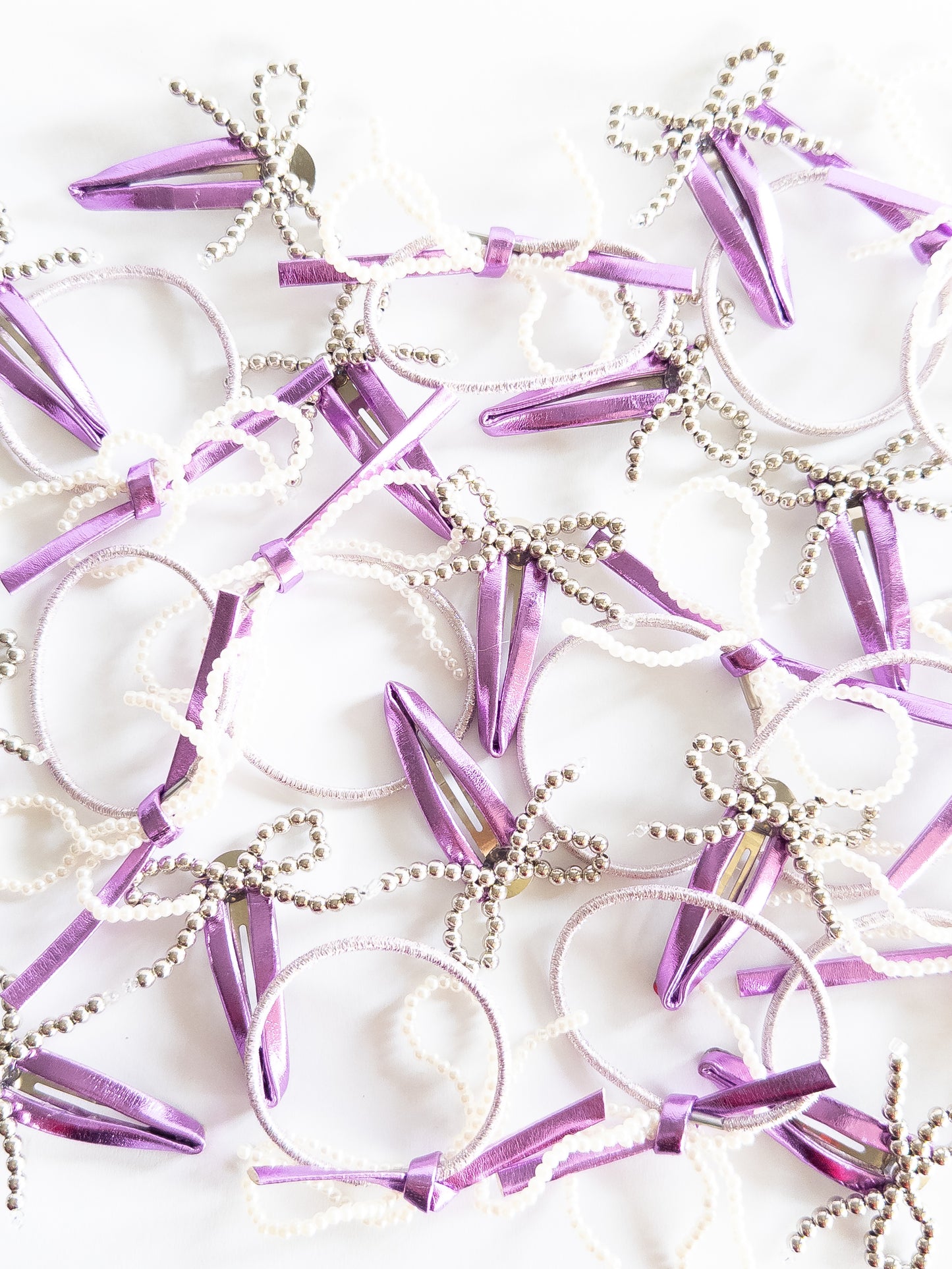 Metallic and Pearl Beaded Bow Hair Clip and Ties Set