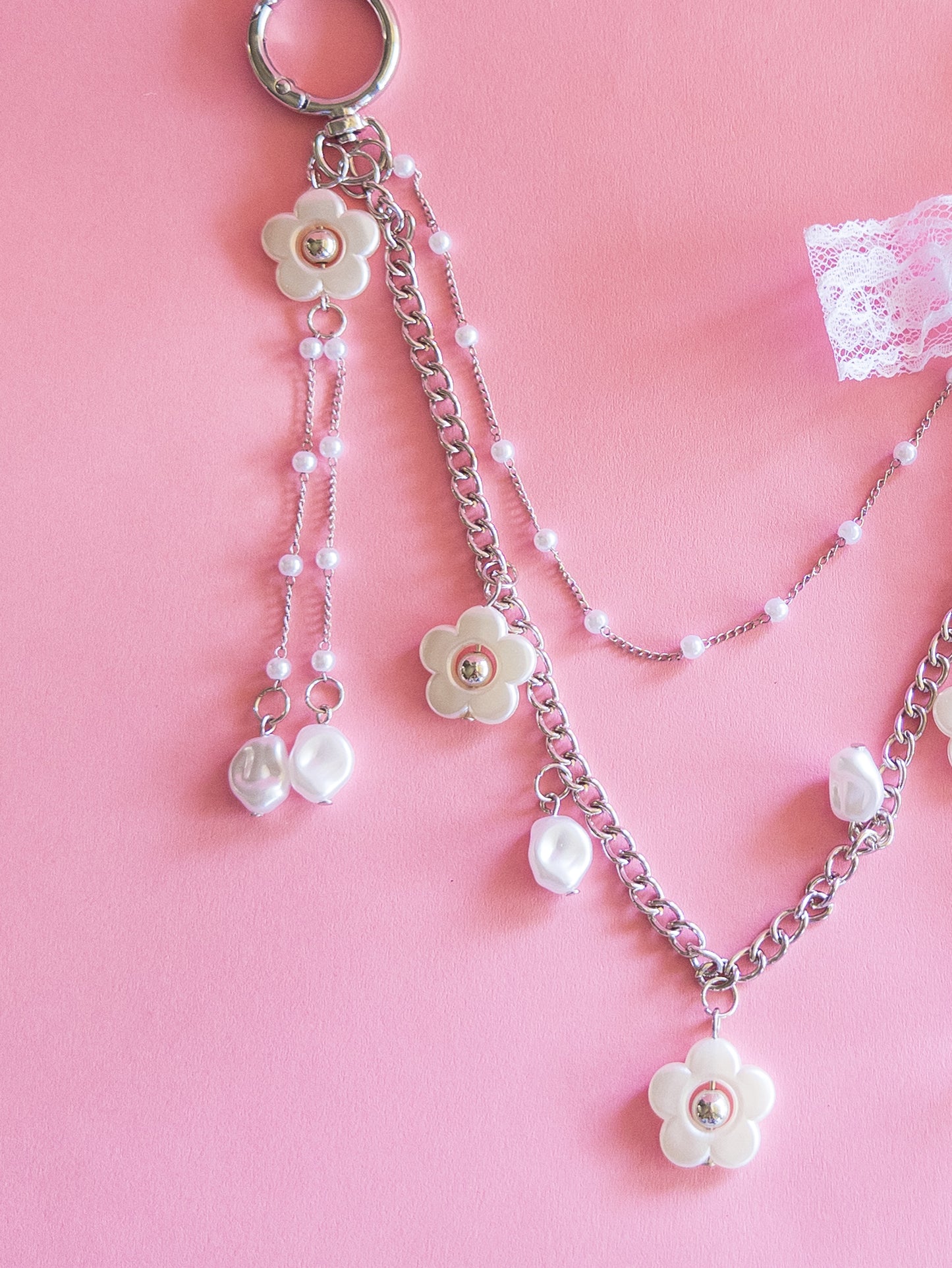 Lace Bow Pearly Flower Bag Chain