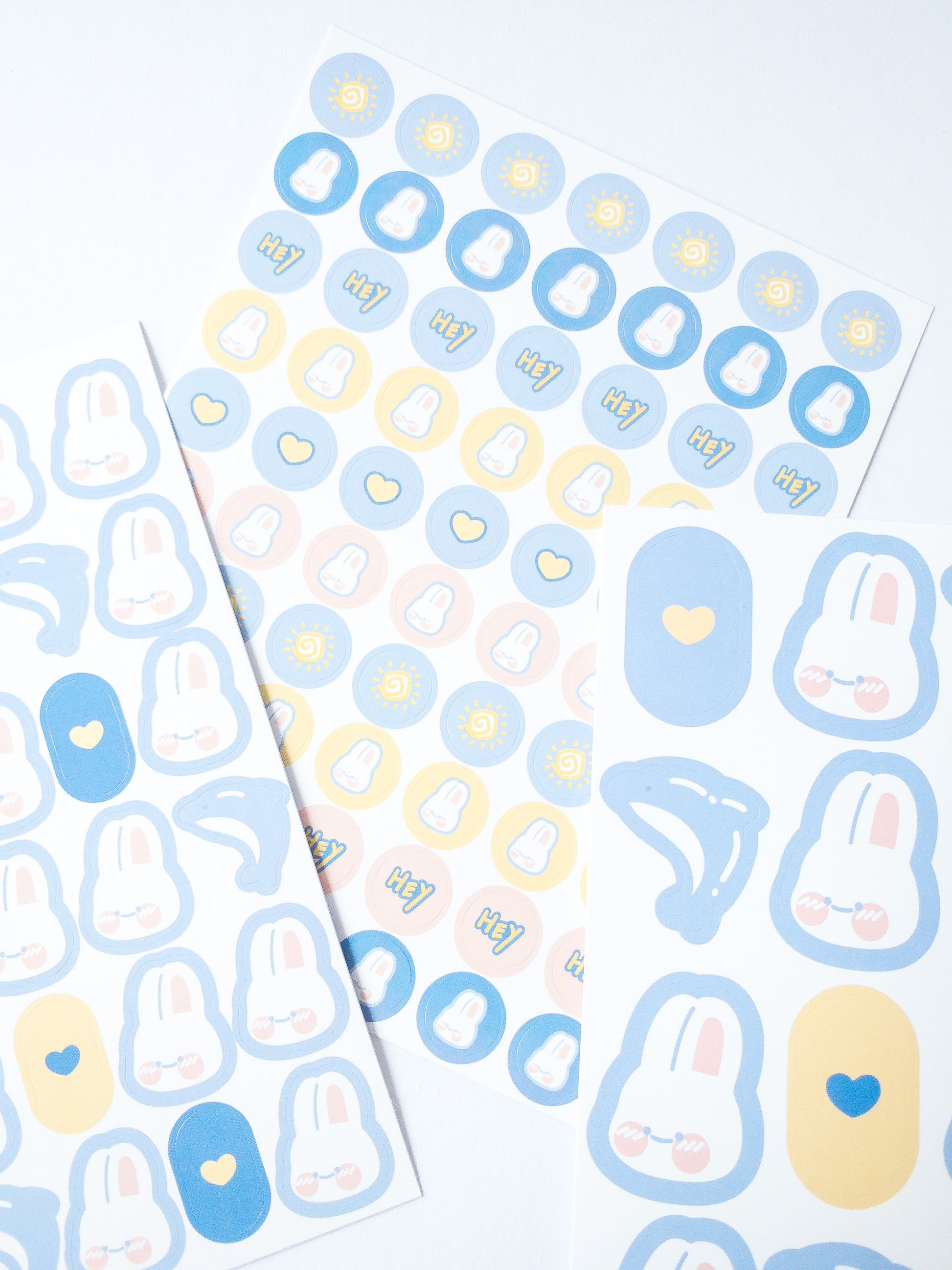 122 Korean style stickers! Three sheets of smiley bunnies and dolphins and more. There are 70 mini stickers, 36 medium-sized stickers and 16 large happy, smiley bunnies, dolphins and hearts.