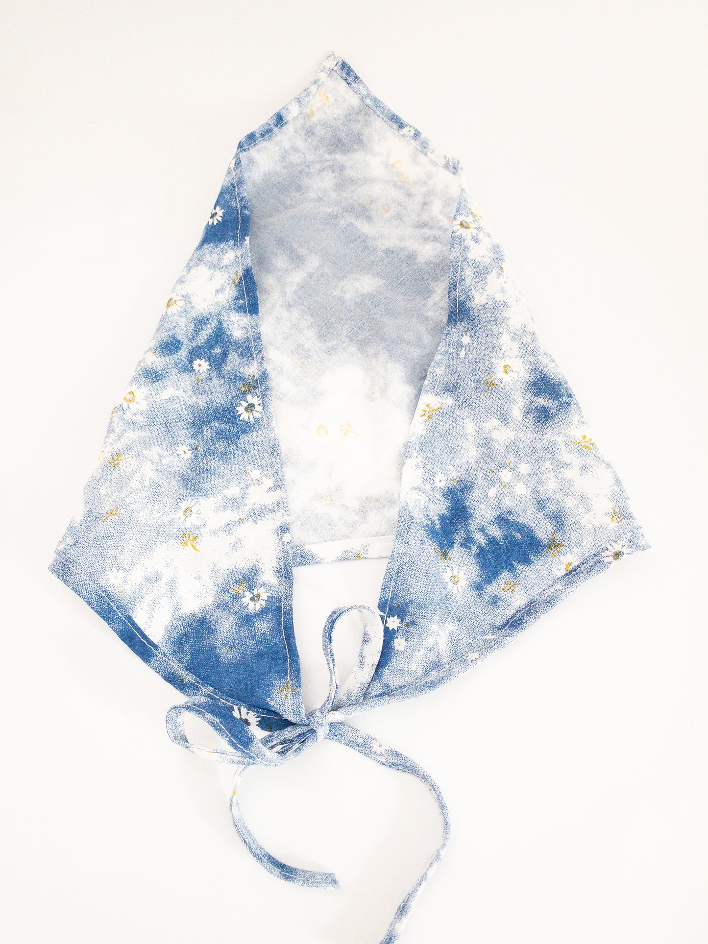 Two daisy print tie dye hair scarves to weave through your hair. Each set comes with one black and one blue. Each triangle hair scarf has straps to tie behind your head.  Korean hair accessories, Korean hair scarves, Korean hair scarf